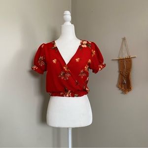 Deep Red Tropical Floral Puff Sleeve Wrap Blouse Medium